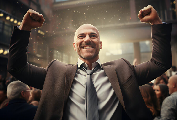 Exuberant man in a business suit with raised fists, celebrating a victory or success among a blurred crowd, with a feeling of accomplishment and joy in the moment.