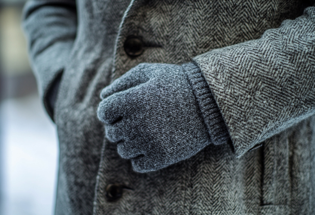 grey wool gloves with overcoat