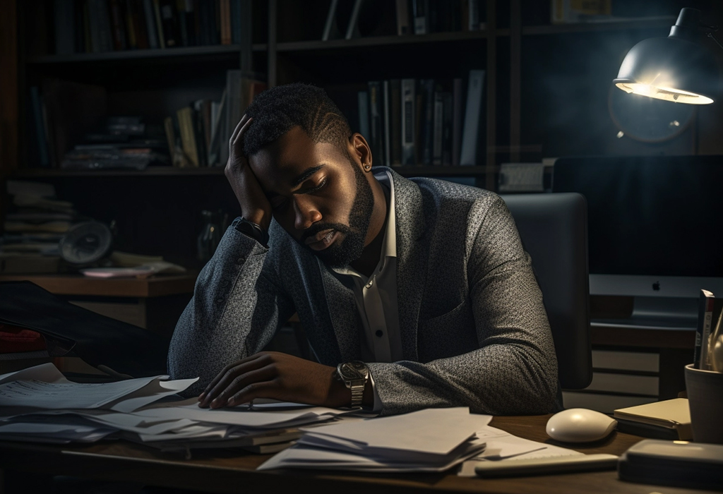 man in deep night looking at papers