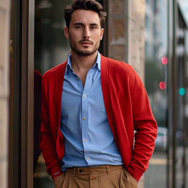 autumn outfit of pleated chinos with a blue oxford cloth button down shirt and a bright red cardigan