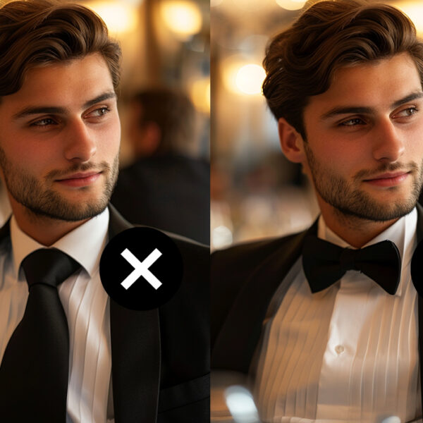 man wearing a black silk necktie instead of a proper bow tie with a black tuxedo