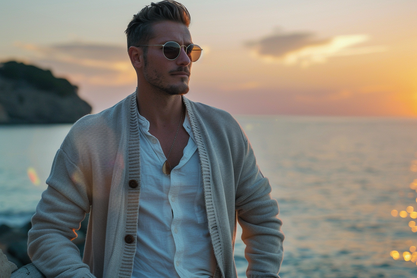 guy wearing cardigan sweater summer night